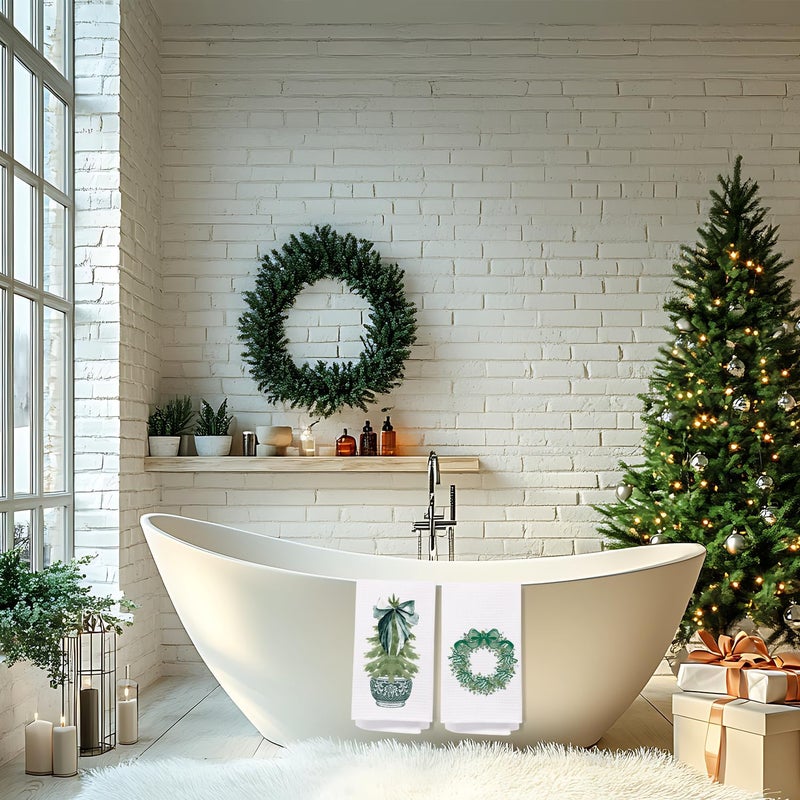 SPBL&L Christmas Kitchen Towels,Green Bow Coquette Xmas Tree Dish Towels for Kitchen Bathroom, Green Christmas Hand Towels for Kitchen,Set of 2 Grandmillennial Decor,16x24 Inches - Image 3